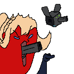 擬人化,赤いキャラクター,金髪,ガンマズル,手を上げる,ロボット,ドット絵,シュール