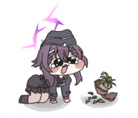 女の子,アニメ風,びっくり,紫髪,制服,壊れた植木鉢,かわいい,涙目