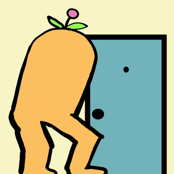 キャラクター,オレンジ色,頭に葉っぱ,花,ドア