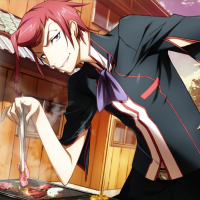 男性,赤髪,バーベキュー,肉,料理,屋外,アニメ風