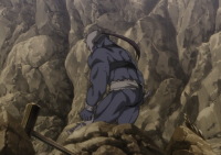 アニメ,筋肉,青い肌,戦士,岩山,武器
