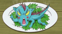青い生き物,小型ドラゴン,皿,料理,葉っぱ,アニメ