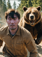 男性,熊,追いかけられる,森林,動物,恐怖,屋外,自然