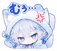 アニメ風,白髪,青い目,猫耳帽子,青い服,怒りマーク,むぅ…