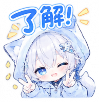 了解,猫耳,白髪,青い目,少女,ウインク,ピースサイン,デフォルメ,吹き出し