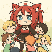 看護師,猫耳,赤髪,アニメ風,子供,チビキャラ,笑顔
