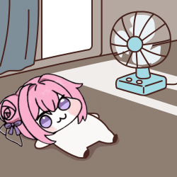 ゆるキャラ,ピンク髪,扇風機,猫耳,ごろ寝,部屋,カーテン,室内,夏
