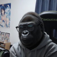 ゴリラ,メガネ,パーカー,オタク部屋,アニメポスター,フィギュア,椅子