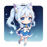 アニメ,女の子,猫耳,青髪,チビキャラ,星,ドレス,青い目,夜空