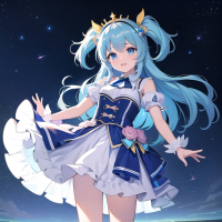 美少女,青髪,ツインテール,ドレス,ファンタジー,夜空,アニメ,ステージ衣装