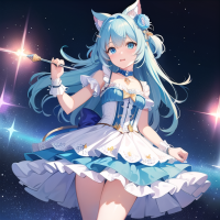 猫耳,青髪,魔法少女,アイドル衣装,星空,ワンド,ファンタジー,アニメ風,美少女