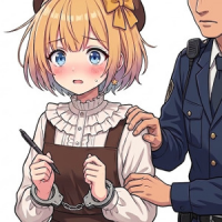女の子,警察,手錠,アニメ,制服,金髪,ショートカット,緊張,ペン,ブラウス