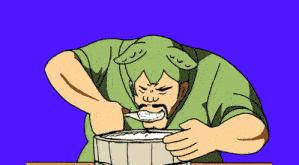 アニメ,緑髪,食事,どんぶり,大食い,紫背景