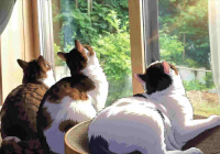 猫,窓,日差し,自然,室内,3匹