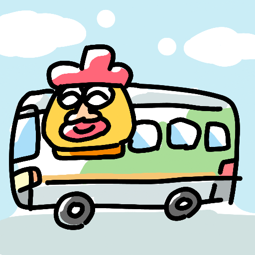 バス,黄色いキャラクター,サングラス,帽子,乗り物,青空
