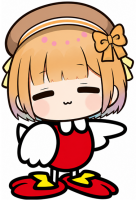 アニメキャラ,デフォルメ,女の子,茶髪,赤い服,帽子,リボン,鳥の羽,かわいい