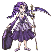 女性,紫髪,ドレス,鎌,杖,棺桶,ファンタジー,魔法使い