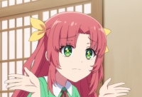 アニメ,女の子,赤髪,リボン,緑色の目,制服,困惑顔