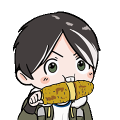 アニメ風,少年,白髪,食事,肉,デフォルメ,笑顔
