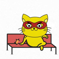 猫,仮面,黄色,赤いソファ,ベンチ