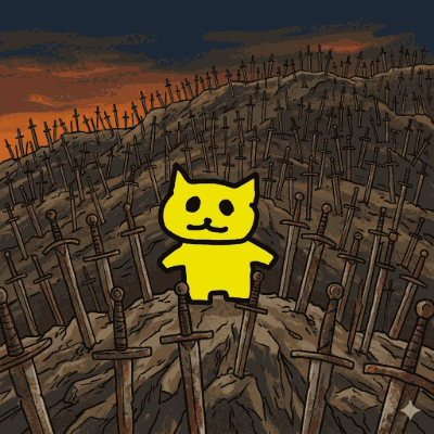猫,黄色い猫,剣山,剣,荒野,イラスト