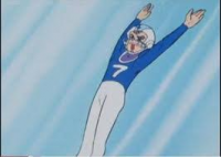 アニメ,キャラクター,ポーズ,ジャンプ,スポーツウェア,青い服,メガネ,ヘルメット,7,タイムボカン