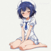 少女,セーラー服,制服,座る,青髪,アニメキャラ,笑顔