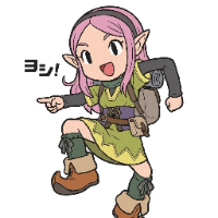 エルフ,女の子,ピンク髪,指差し,冒険者,ヨシ!,リュック,緑の服