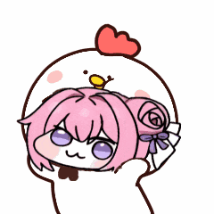 アイコン,ちびキャラ,ピンク髪,紫目,リボン,バラ髪飾り,ニワトリ,ハグ,かわいい,アニメーション