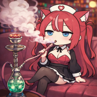 アニメキャラ,猫耳,ナース,水タバコ,ツインテール,赤髪,ソファ,カフェ,コスプレ,バー