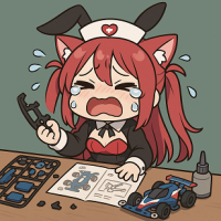 女の子,猫耳,ナース,涙,プラモデル,机,うさ耳カチューシャ,困惑,カーレース,組み立て