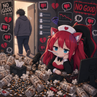 アニメ,猫耳,ナース,女の子,デスク,ポップコーン,薬瓶,NO GOOD,ため息,憂鬱