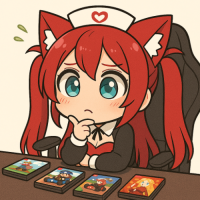 アニメ,猫耳,赤髪,ナース帽,女の子,カード,デフォルメ,座る