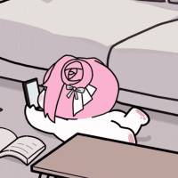 ピンク髪,リボン,スマートフォン,寝転ぶ,本,部屋,キャラクター