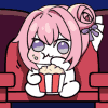 女の子,ピンク髪,アニメ,ポップコーン,映画館,ぬいぐるみ,座っている