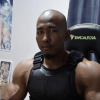 筋肉,男性,坊主,防弾チョッキ,室内,ゲーミングチェア,ポスター,アニメポスター