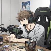 男性,ヘッドセット,配信者,カードゲーム,デスク,ポスター,アニメ風,マイク,ゲーミングチェア