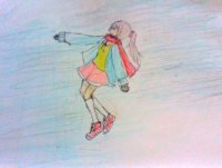 女の子,イラスト,ピンクのスカート,赤いマフラー,ロングヘア,制服,手描き,アニメ風