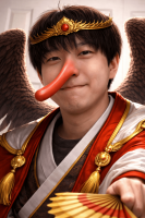 男性,コスプレ,天狗,赤い鼻,羽,王冠,扇子