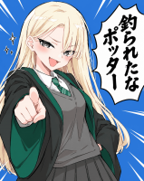 アニメ風,金髪,女子高生,制服,緑色のジャケット,指差し,青い背景,ポニーテール,胸元の文字,釣られたな、ボクだ
