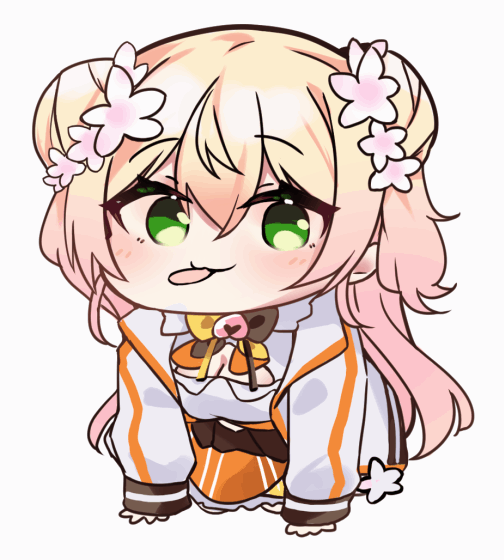 女性キャラクター,デフォルメ,ピンク髪,緑目,花飾り,着物,和服,白背景