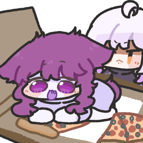 イラスト,猫,紫髪,白い帽子,ピザ,食事,テーブル