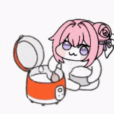 ご飯,炊飯器,ピンク髪,キャラクター,アニメ風,ごはんをよそう,かわいい