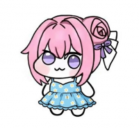 ピンク髪,紫目,ワンピース,青いドレス,花柄,リボン,キャラクター,可愛い