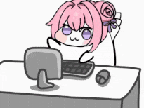 ピンク髪,デフォルメ,女の子,パソコン,アニメ風,タイピング,かわいい,リボン