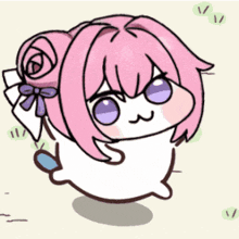 アニメ,かわいい,ピンク髪,猫口,紫目,デフォルメ,リボン,うごく