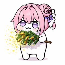 ゆるキャラ,ピンク髪,花束,紫のリボン,かわいい,デフォルメ