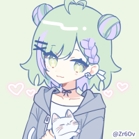女の子,緑髪,ツインお団子,三つ編み,猫,ハート,パーカー,@Zr60v