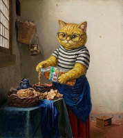 猫,擬人化,縞シャツ,エプロン,料理,台所,静物画